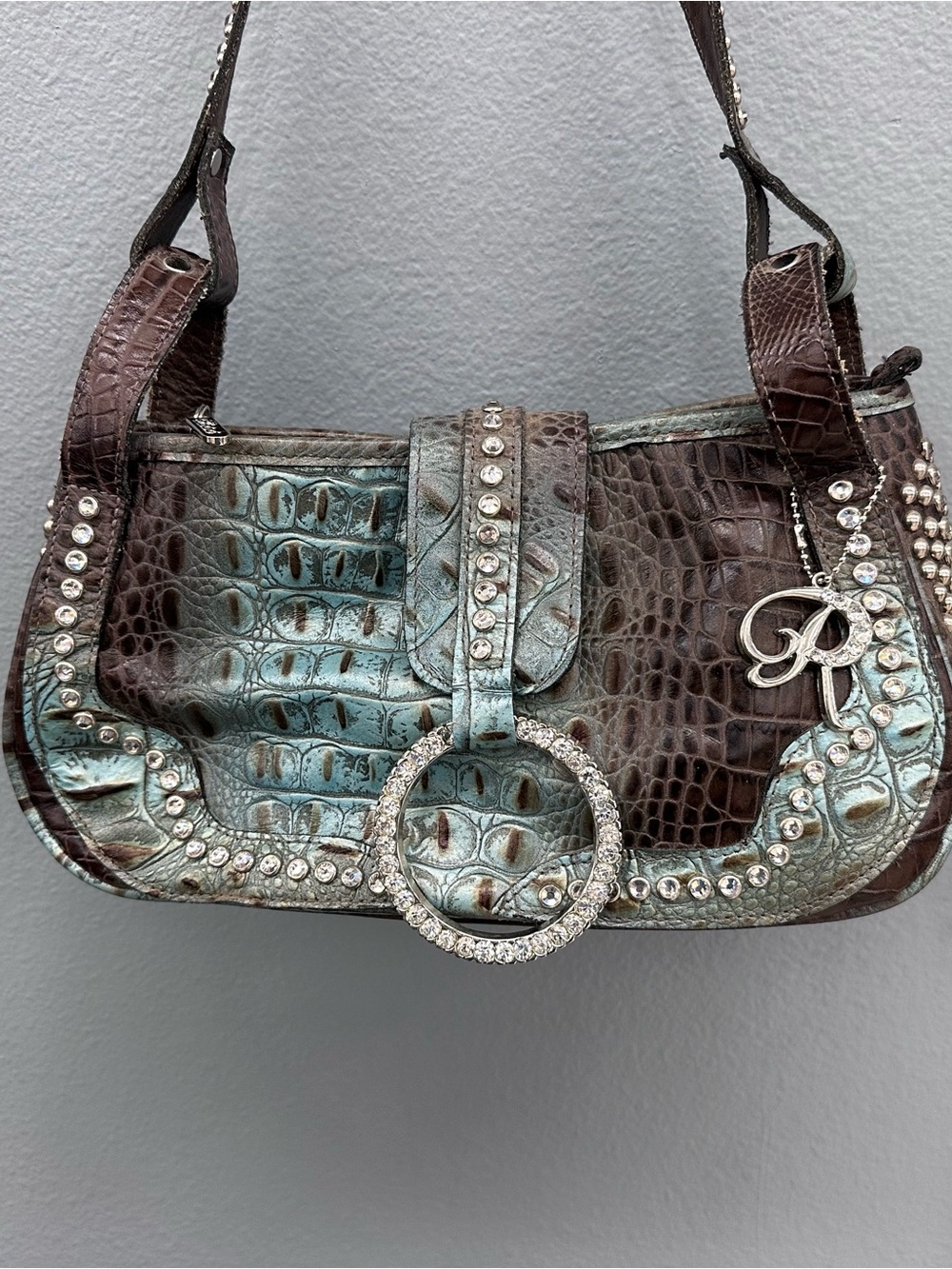 Raviani Teal and Brown Croc-Textured Rhinestone Shoulder Bag